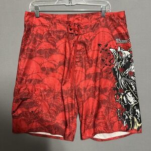 Miami Ink Cargo Shorts Mens 36 Red Skull Grim Reaper Board Swim Trunks Tattoo
